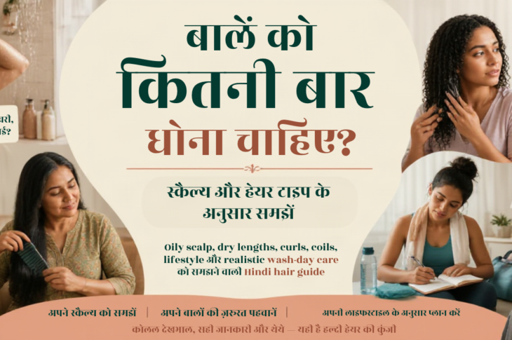 Diverse Indian woman learning a gentle scalp-focused hair-wash routine with shampoo, conditioner and a wide-tooth comb in a realistic bathroom setting
