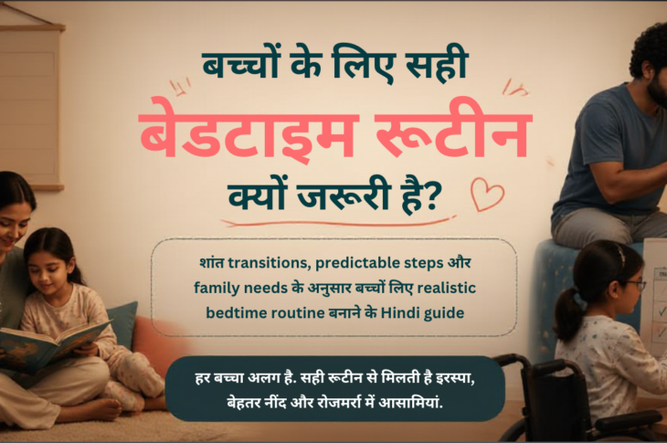 भारतीय परिवार में caregiver और बच्चा picture bedtime chart, storybook और soft night light के साथ शांत bedtime routine अपनाते हुए