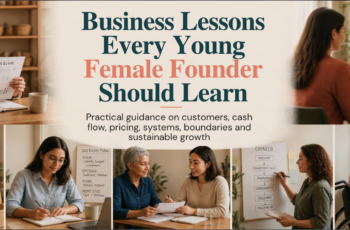Diverse young female founder reviewing business notes and cash-flow figures in an everyday shared workspace.