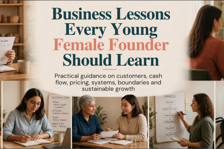 Diverse young female founder reviewing business notes and cash-flow figures in an everyday shared workspace.