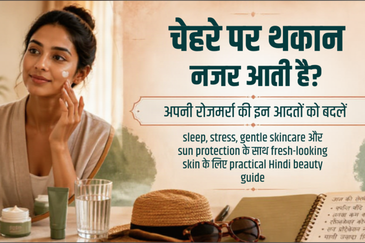 भारतीय व्यक्ति mirror के सामने moisturiser लगाते हुए, पास में पानी, sunglasses और self-care notebook; natural skin texture के साथ realistic सुबह का दृश्य