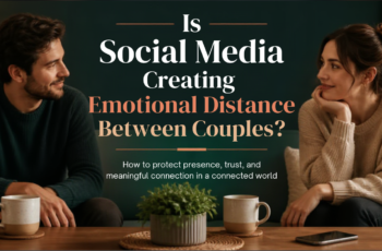 Couple discussing social media boundaries while sitting together with a phone nearby