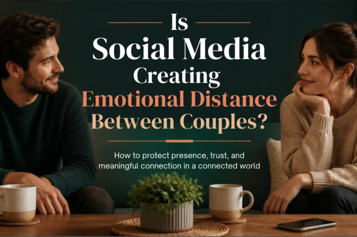 Couple discussing social media boundaries while sitting together with a phone nearby