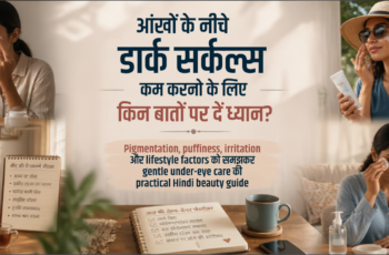 Mirror के सामने gentle under-eye skincare routine करती diverse Indian woman, sunscreen और realistic beauty-care setting के साथ
