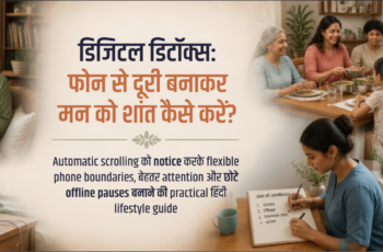 भारतीय महिला खिड़की के पास phone को charging spot पर रखकर notebook में दिन की priorities लिख रही है