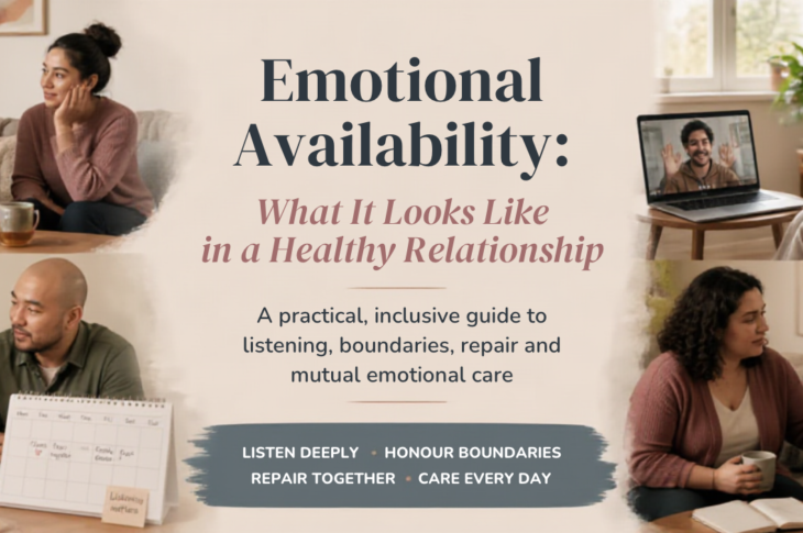 Diverse couple having a calm, respectful conversation about emotional availability with a notebook and tea in warm natural light