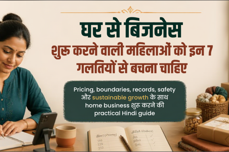 घर से काम करती भारतीय महिला entrepreneur notebook में pricing और orders लिखते हुए, पास में laptop और छोटा packaging workspace