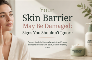 Generic woman examining comfortable natural-looking skin beside simple skincare products for an article about damaged skin barrier signs