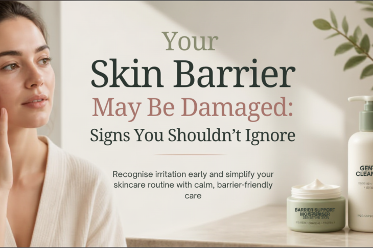 Generic woman examining comfortable natural-looking skin beside simple skincare products for an article about damaged skin barrier signs