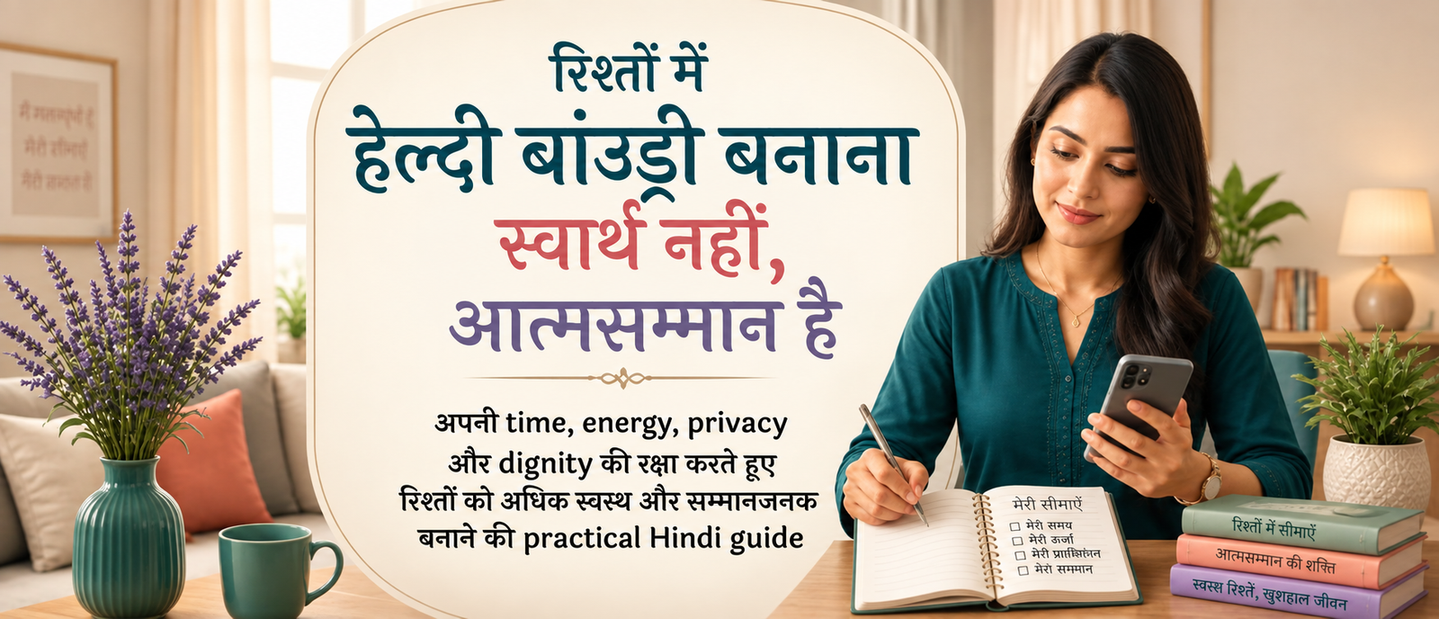 शांत और आत्मविश्वासी भारतीय महिला planner में healthy boundaries से जुड़ा note लिखते हुए