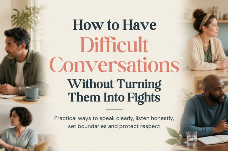 Diverse people having a calm, respectful relationship conversation with notes and a cup of water nearby.