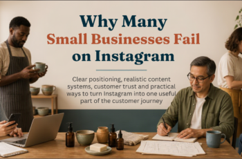 Diverse small-business owner planning practical Instagram content at a desk with a phone, notebook, product samples and packaging.