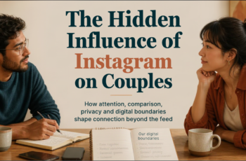 Diverse couple having a calm conversation about digital boundaries at a dining table with a notebook, tea and phones set aside in warm window light.