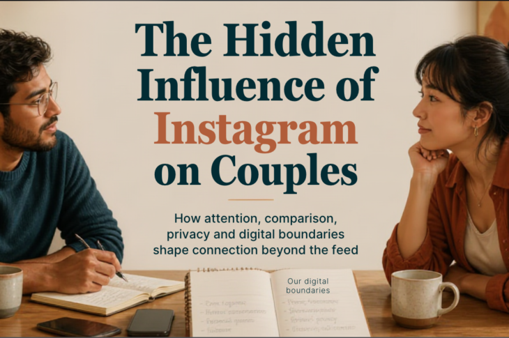 Diverse couple having a calm conversation about digital boundaries at a dining table with a notebook, tea and phones set aside in warm window light.