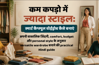 खुली अलमारी के सामने diverse भारतीय व्यक्ति coordinated outfits और notebook के साथ smart capsule wardrobe तैयार करते हुए