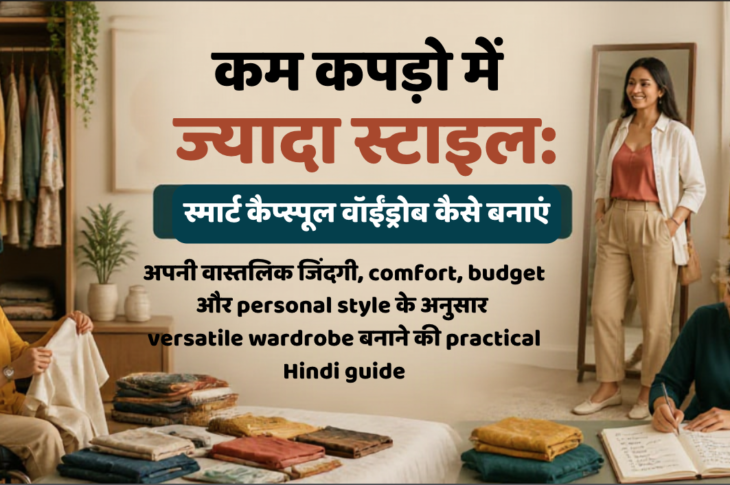 खुली अलमारी के सामने diverse भारतीय व्यक्ति coordinated outfits और notebook के साथ smart capsule wardrobe तैयार करते हुए