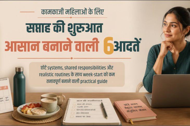 Soft natural light में planner, laptop, पानी की बोतल और simple breakfast के साथ शांत home-office setting में बैठी एक भारतीय कामकाजी महिला।
