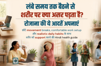विविध भारतीय महिलाओं का realistic work और study setting में position बदलते हुए, seated movement और ergonomic setup अपनाते हुए inclusive दृश्य