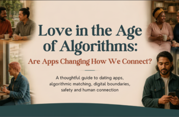 Diverse woman pausing thoughtfully while using a dating app beside a notebook and coffee in a calm public setting.