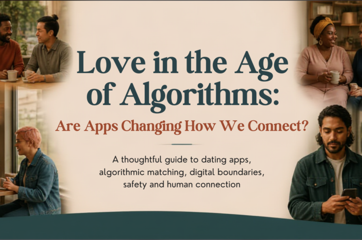 Diverse woman pausing thoughtfully while using a dating app beside a notebook and coffee in a calm public setting.