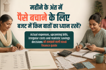 भारतीय महिला महीने के अंत में notebook, bills और calculator के साथ household budget और छोटी बचत की समीक्षा करती हुई