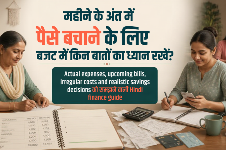 भारतीय महिला महीने के अंत में notebook, bills और calculator के साथ household budget और छोटी बचत की समीक्षा करती हुई