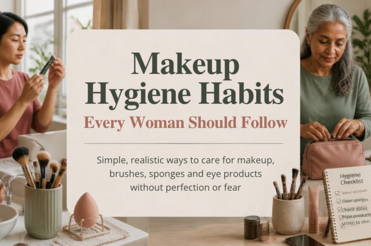 Diverse woman organising makeup, checking a mascara label and drying clean brushes in a practical home setting.