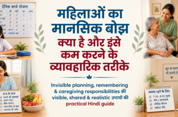 भारतीय महिला shared household planning, appointments और caregiving responsibilities organize करते हुए, पास में family member के साथ calendar और grocery list।