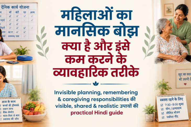 भारतीय महिला shared household planning, appointments और caregiving responsibilities organize करते हुए, पास में family member के साथ calendar और grocery list।
