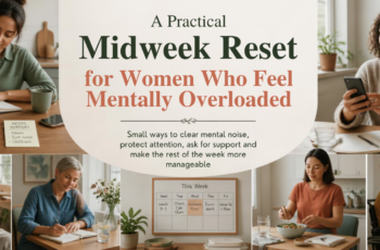 Diverse woman using a notebook and calendar for a calm, practical midweek reset at home or in a shared workspace.