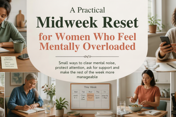 Diverse woman using a notebook and calendar for a calm, practical midweek reset at home or in a shared workspace.