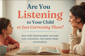 Parent listening attentively as a child shares a thought during an everyday conversation at home.