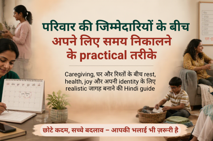 परिवार की जिम्मेदारियों के बीच calendar, shared task list और चाय के साथ अपने लिए शांत समय निकालती विविध भारतीय महिला
