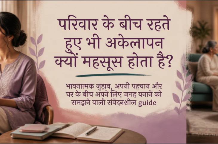 परिवार के बीच खिड़की के पास चाय और डायरी के साथ चिंतन करती भारतीय महिला