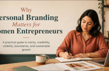 Diverse woman entrepreneur writing a personal positioning statement beside a laptop and notebook in a realistic, warm workspace.