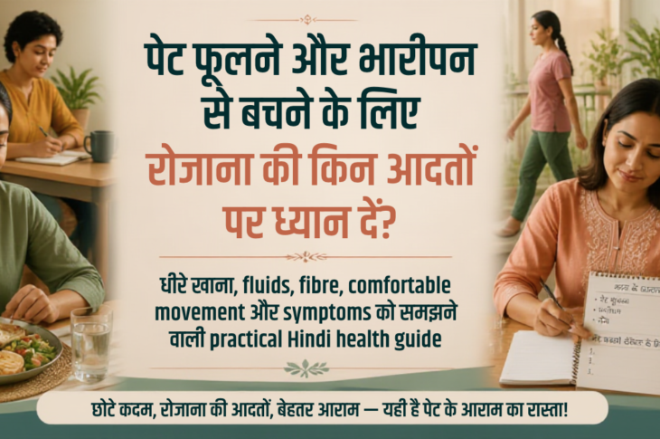 भारतीय महिला घर के शांत माहौल में पानी और balanced home-cooked meal के साथ पेट फूलने के symptoms note करती हुई