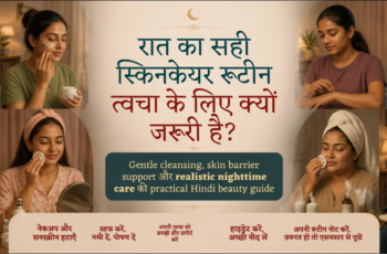 रात में gentle skincare routine करती diverse Indian woman, cleanser, moisturiser, mirror और skincare notebook के साथ warm realistic self-care scene