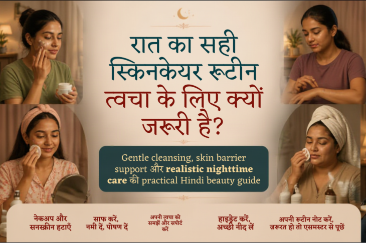 रात में gentle skincare routine करती diverse Indian woman, cleanser, moisturiser, mirror और skincare notebook के साथ warm realistic self-care scene