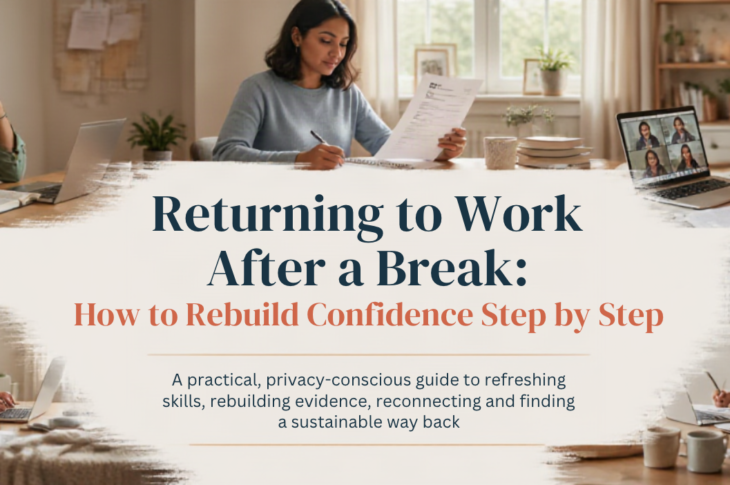 Diverse professional woman reviewing a resume and planning a confident return to work in a bright, accessible workspace.