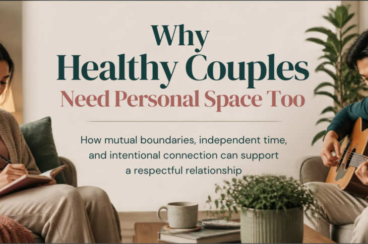 A diverse couple enjoys personal space at home, with one person reading or journaling and the other engaging in a hobby before reconnecting calmly.