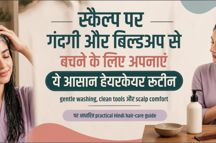 भारतीय महिला bright bathroom में बिना logo वाली shampoo bottle, comb और clean towel के साथ gentle scalp-care routine करती हुई।