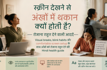 Diverse Indian woman laptop से नजर हटाकर window की ओर देखते हुए visual break ले रही है, पास में glasses, water और notebook हैं।