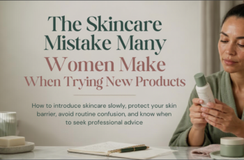 Diverse person calmly reading a skincare label beside a cleanser, moisturiser, sunscreen, notebook, mirror and clean towel in an everyday bathroom.