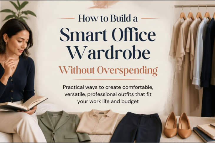 Professional woman planning comfortable office outfits beside a clothing rack with trousers, shirts, a cardigan, shoes, work bag, and notebook in soft natural light.