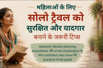 भारतीय महिला solo traveller daylight में offline map और phone के साथ verified transport plan करती हुई 