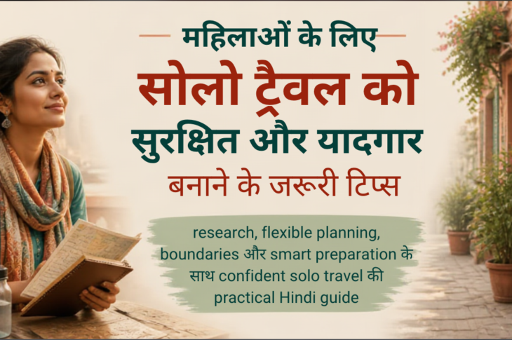 भारतीय महिला solo traveller daylight में offline map और phone के साथ verified transport plan करती हुई 