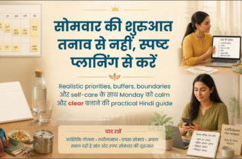 भारतीय महिला notebook में सोमवार की 1–3 priorities, calendar, water और realistic schedule की planning करती हुई।