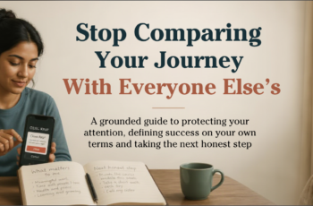 Diverse person closing a social-media app and reviewing a simple personal plan in a calm everyday setting.