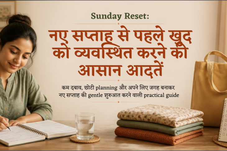सामान्य भारतीय महिला soft natural light में planner, grocery list और folded clothes के साथ Sunday reset की योजना बनाती हुई