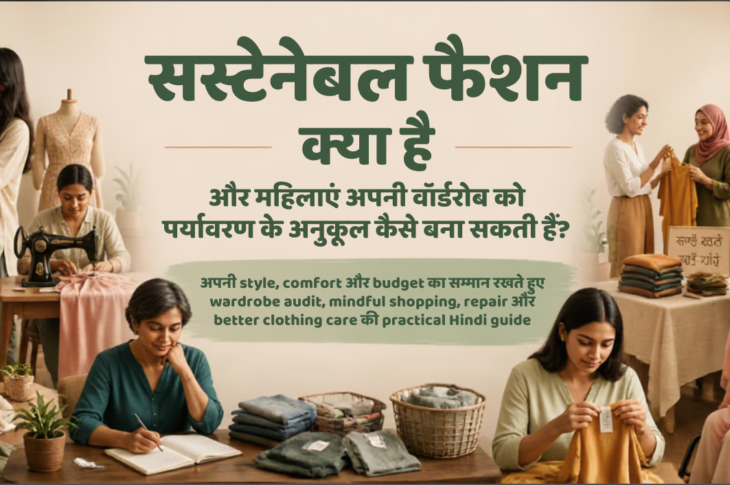 विविध भारतीय महिलाओं की practical sustainable wardrobe activities—कपड़ों का audit, repair, alteration, outfit repeat और care label पढ़ना